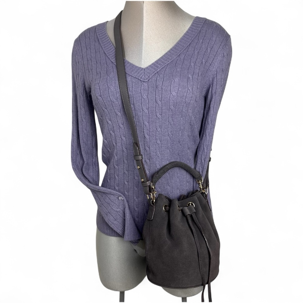 Ann Taylor Drawstring Suede Mini Bucket Bag Crossbody in Dark Gray